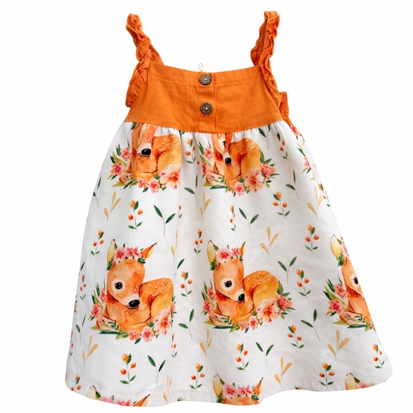 Deer Print Baby Dress 12-18M Woodland Cottagecore Floral Cute Fall Spring - Picture 1 of 4